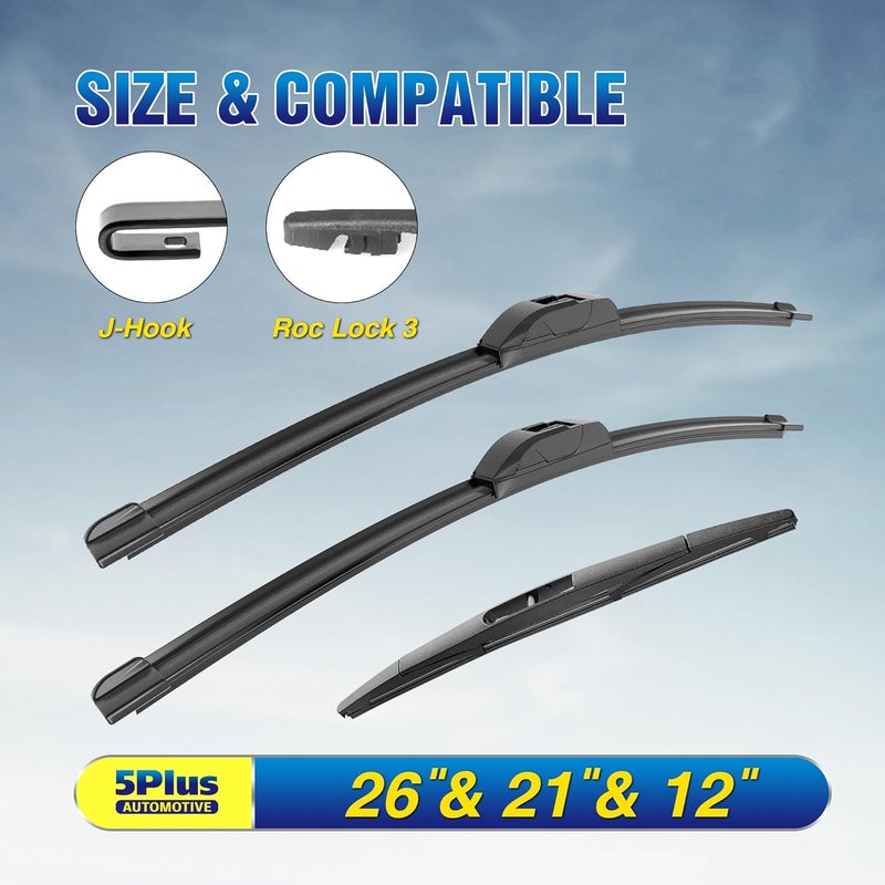 5PLUS 3 Wipers 26"/21"/12" Replacement For Acura MDX 2013 2012 2011 2010 2009 2008 2007, 26 Inch+21 Inch Windshield Wiper Blades with 12 Inch Rear Wiper Blade - Image 2
